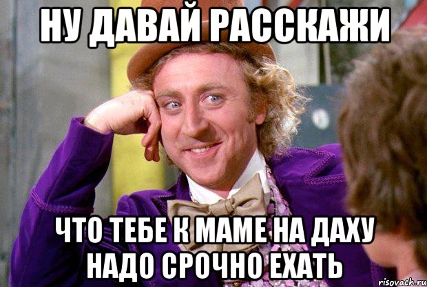 ну давай расскажи что тебе к маме на даху надо срочно ехать, Мем Ну давай расскажи (Вилли Вонка)