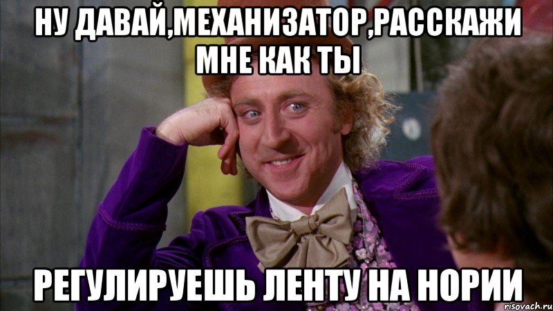 Ну давай,механизатор,расскажи мне как ты регулируешь ленту на нории, Мем Ну давай расскажи (Вилли Вонка)