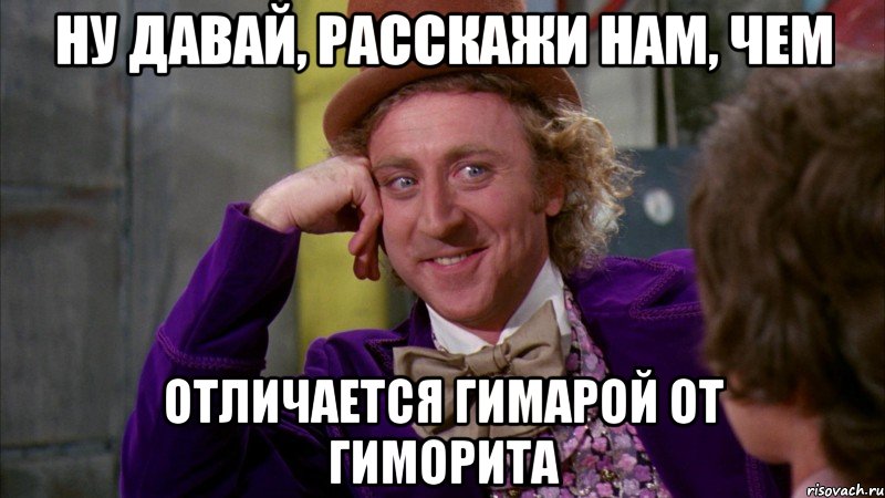 ну давай, расскажи нам, чем отличается гимарой от гиморита, Мем Ну давай расскажи (Вилли Вонка)