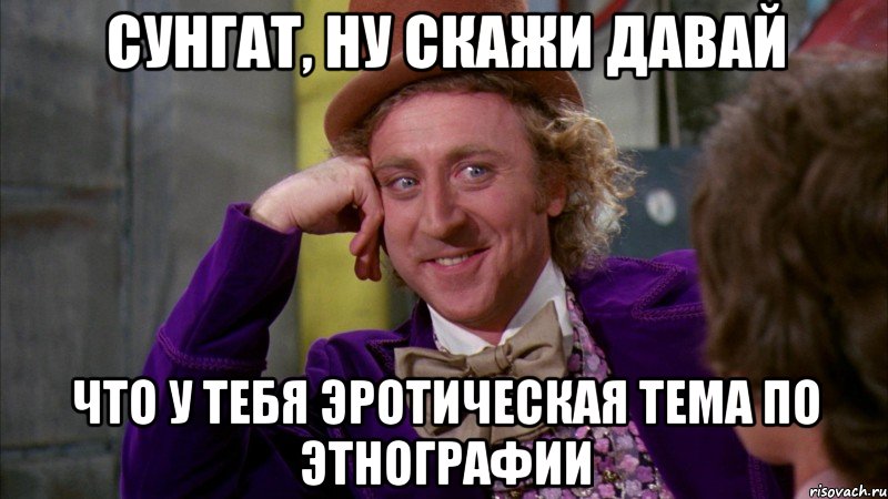 Сунгат, ну скажи давай что у тебя эротическая тема по этнографии, Мем Ну давай расскажи (Вилли Вонка)