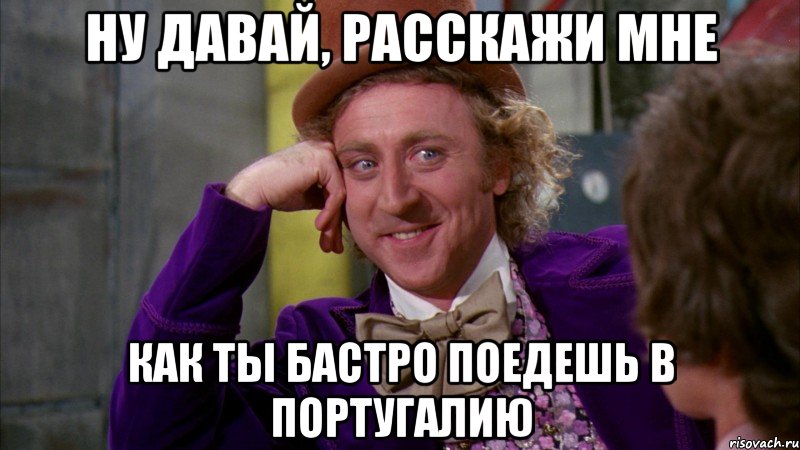 ну давай, расскажи мне как ты бастро поедешь в португалию, Мем Ну давай расскажи (Вилли Вонка)