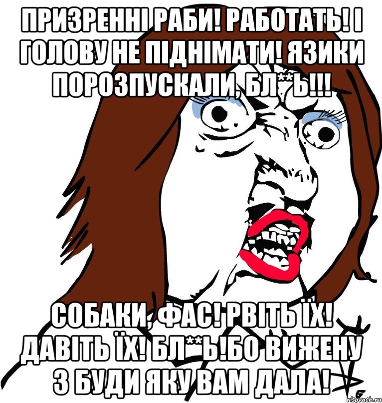 призренні раби! работать! і голову не піднімати! язики порозпускали, бл**ь!!! собаки, фас! рвіть їх! давіть їх! бл**ь!бо вижену з буди яку вам дала!, Мем Ну почему (девушка)