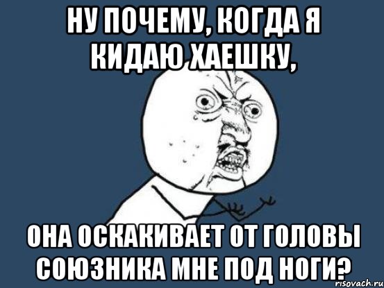 Ну почему, когда я кидаю хаешку, она оскакивает от головы союзника мне под ноги?, Мем Ну почему