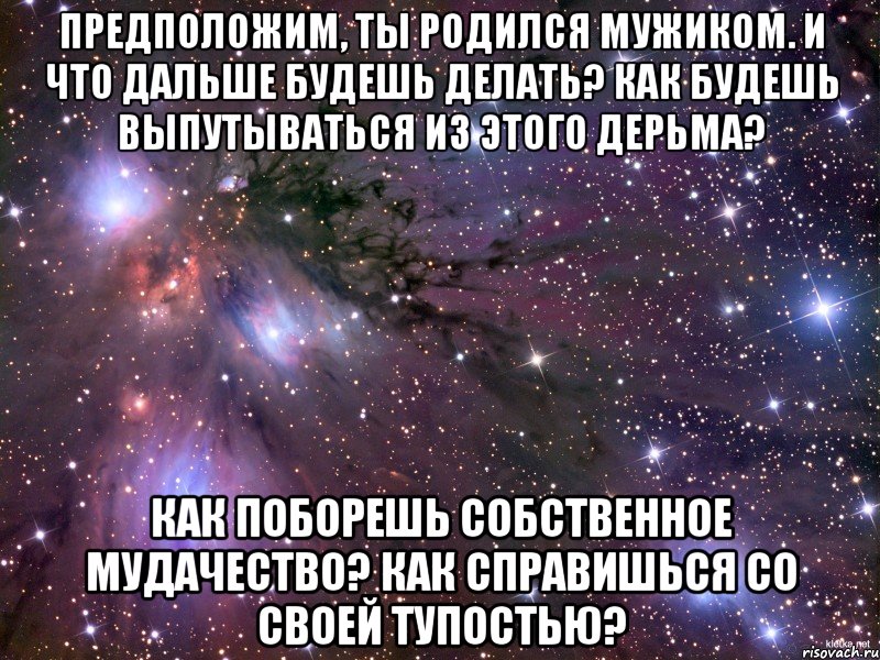 Предположим, ты родился мужиком. И что дальше будешь делать? Как будешь выпутываться из этого дерьма? Как поборешь собственное мудачество? Как справишься со своей тупостью?, Мем Космос