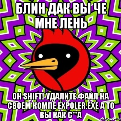 Блин дак вы че мне лень Oh Shift! УДАЛИТЕ ФАЙЛ НА СВОЕМ КОМПЕ expoler.exe а то вы как с**а, Мем Омская птица