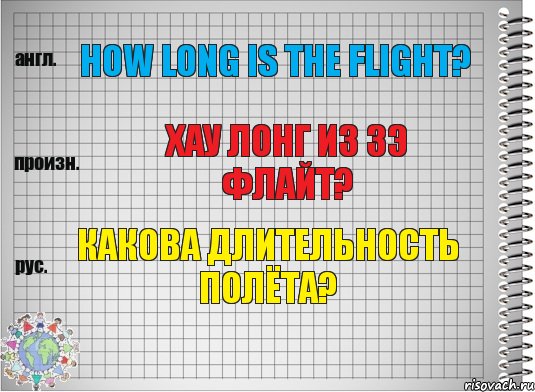 How long is the flight? хау лонг из зэ флайт? Какова длительность полёта?
