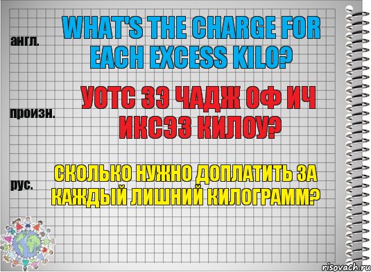 What's the charge for each excess kilo? уотс зэ чадж оф ич иксэз килоу? Сколько нужно доплатить за каждый лишний килограмм?