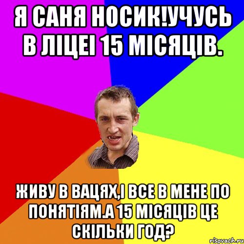 Я Саня Носик!Учусь в Ліцеі 15 місяців. Живу в Вацях,І Все в мене по Понятіям.А 15 місяців це скільки год?, Мем Чоткий паца