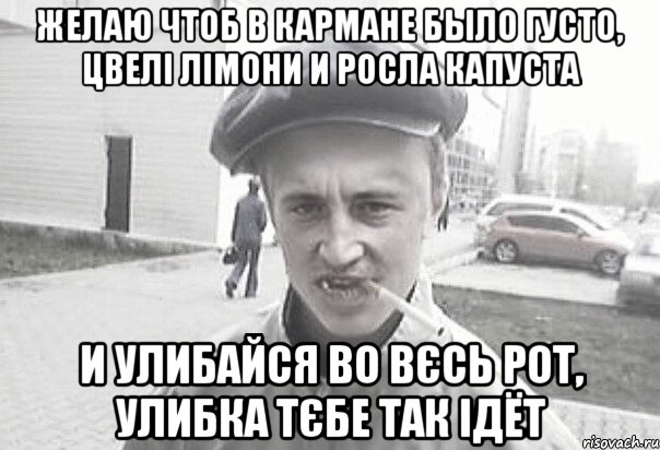 Желаю чтоб в кармане было густо, цвелі лімони и росла капуста И улибайся во вєсь рот, улибка тєбе так ідёт, Мем Пацанська философия