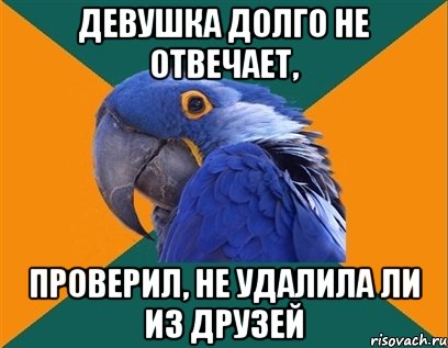 девушка долго не отвечает, проверил, не удалила ли из друзей, Мем Попугай параноик