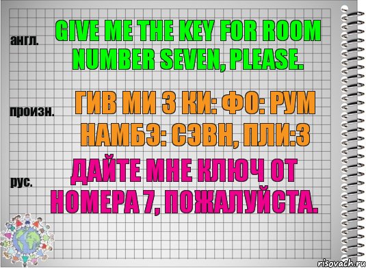 Give me the key for room number seven, please. гив ми з ки: фо: рум намбэ: сэвн, пли:з Дайте мне ключ от номера 7, пожалуйста., Комикс  Перевод с английского