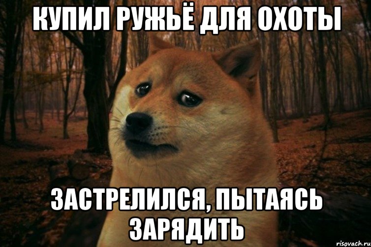 купил ружьё для охоты застрелился, пытаясь зарядить, Мем SAD DOGE