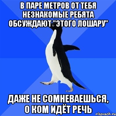 в паре метров от тебя незнакомые ребята обсуждают "этого лошару" даже не сомневаешься, о ком идёт речь, Мем  Социально-неуклюжий пингвин