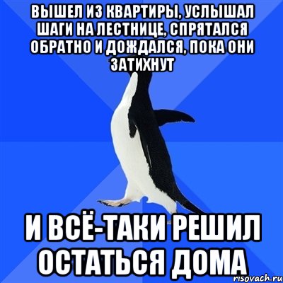 вышел из квартиры, услышал шаги на лестнице, спрятался обратно и дождался, пока они затихнут и всё-таки решил остаться дома, Мем  Социально-неуклюжий пингвин