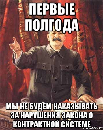 первые полгода мы не будем наказывать за нарушения закона о контрактной системе, Мем  сталин цветной