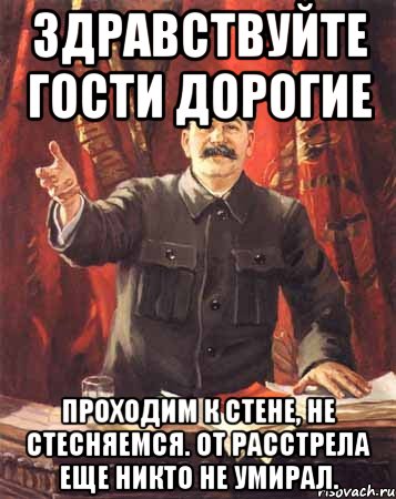 Здравствуйте гости дорогие Проходим к стене, не стесняемся. От расстрела еще никто не умирал., Мем  сталин цветной