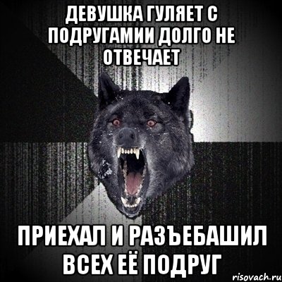 девушка гуляет с подругамии долго не отвечает приехал и разъебашил всех её подруг, Мем Сумасшедший волк