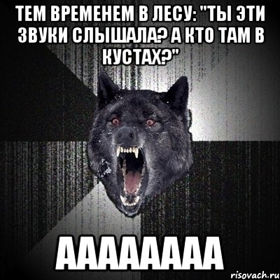 Тем временем в лесу: "Ты эти звуки слышала? А кто там в кустах?" АААААААА, Мем Сумасшедший волк