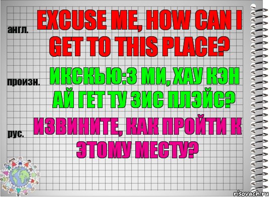 Excuse me, how can I get to this place? икскью:з ми, хау кэн ай гет ту зис плэйс? Извините, как пройти к этому месту?