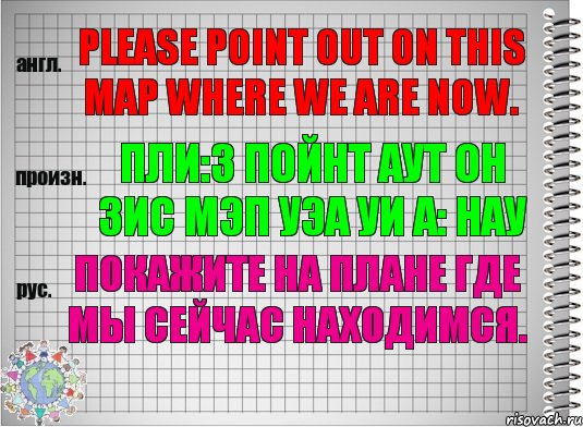 Please point out on this map where we are now. пли:з пойнт аут он зис мэп уэа уи а: нау Покажите на плане где мы сейчас находимся., Комикс  Перевод с английского