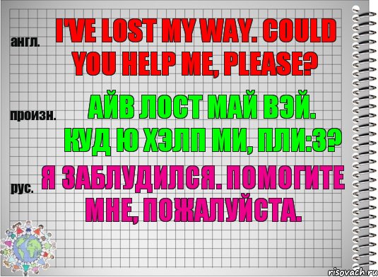 I've lost my way. Could you help me, please? айв лост май вэй. куд ю хэлп ми, пли:з? Я заблудился. Помогите мне, пожалуйста.