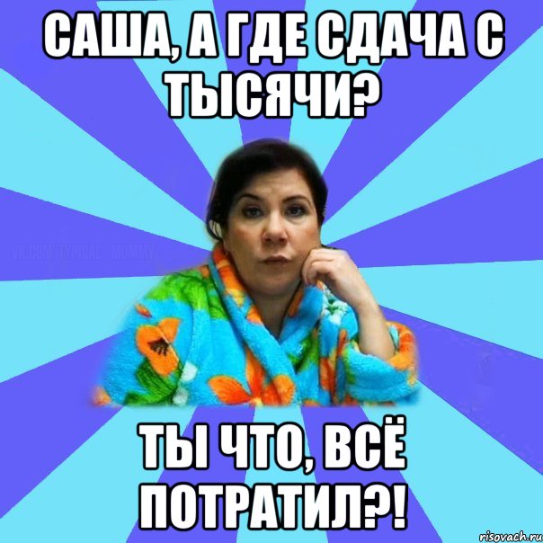 Саша, а где сдача с тысячи? Ты что, всё потратил?!, Мем типичная мама