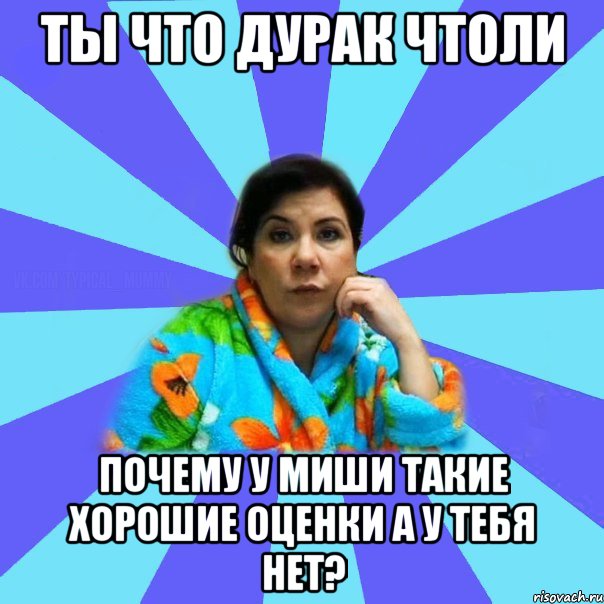 ты что дурак чтоли почему у Миши такие хорошие оценки а у тебя нет?, Мем типичная мама