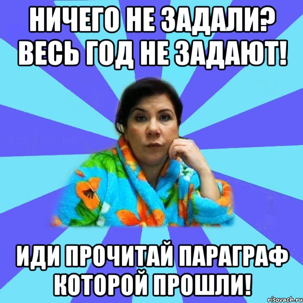 ничего не задали? Весь год не задают! иди прочитай параграф которой прошли!, Мем типичная мама