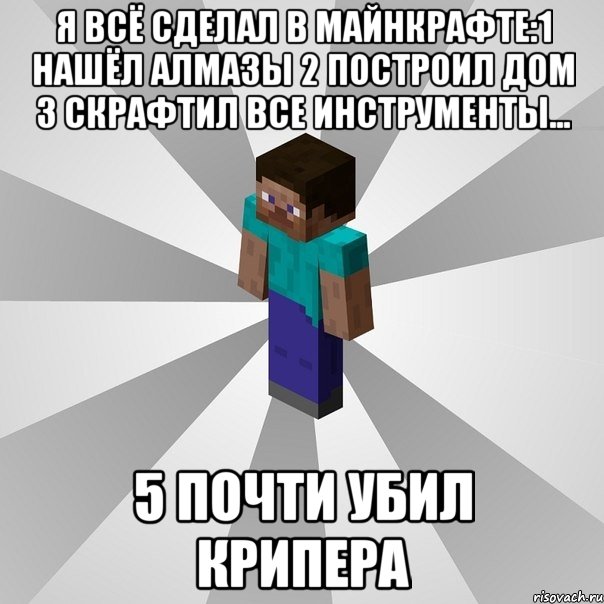 Я всё сделал в майнкрафте:1 Нашёл алмазы 2 Построил дом 3 Скрафтил ВСЕ инструменты... 5 ПОЧТИ убил КРИПЕРА, Мем Типичный игрок Minecraft