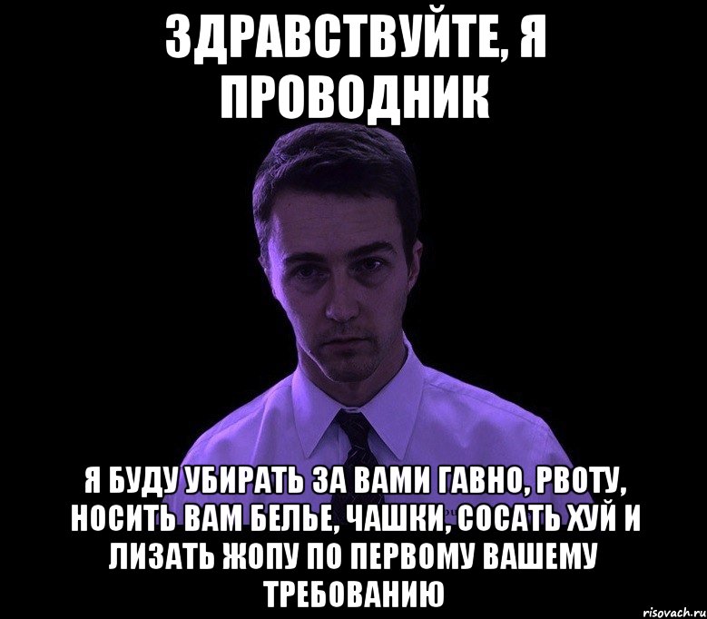 здравствуйте, я проводник я буду убирать за вами гавно, рвоту, носить вам белье, чашки, сосать хуй и лизать жопу по первому вашему требованию, Мем типичный недосыпающий