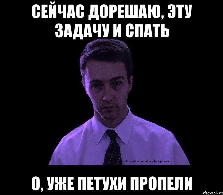 Сейчас дорешаю, эту задачу и спать О, уже петухи пропели, Мем типичный недосыпающий