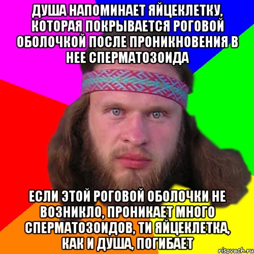 душа напоминает яйцеклетку, которая покрывается роговой оболочкой после проникновения в нее сперматозоида Если этой роговой оболочки не возникло, проникает много сперматозоидов, ти яйцеклетка, как и душа, погибает