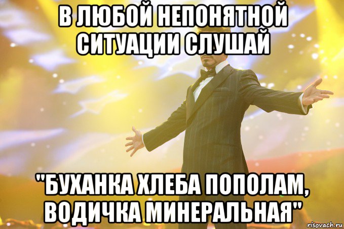 В любой непонятной ситуации слушай "буханка хлеба пополам, водичка минеральная", Мем Тони Старк (Роберт Дауни младший)