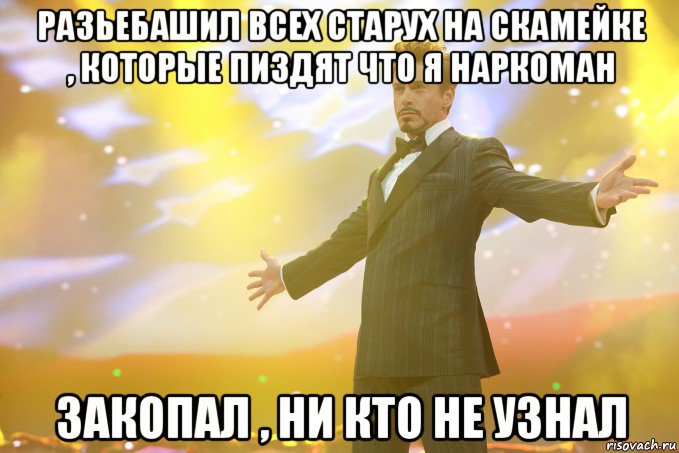 Разьебашил всех старух на скамейке , которые пиздят что я наркоман закопал , ни кто не узнал, Мем Тони Старк (Роберт Дауни младший)