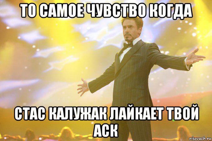 то самое чувство когда Стас Калужак лайкает твой аск, Мем Тони Старк (Роберт Дауни младший)