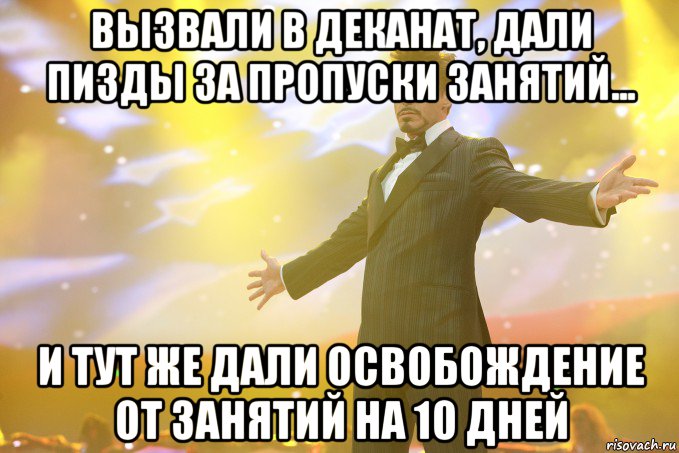 Вызвали в деканат, дали пизды за пропуски занятий... и тут же дали освобождение от занятий на 10 дней, Мем Тони Старк (Роберт Дауни младший)