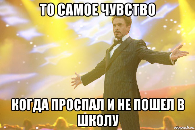 то самое чувство когда проспал и не пошел в школу, Мем Тони Старк (Роберт Дауни младший)