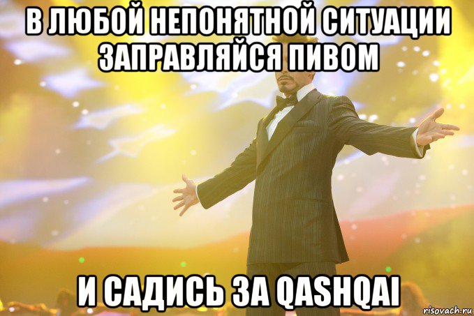 В любой непонятной ситуации заправляйся пивом И садись за QASHQAI, Мем Тони Старк (Роберт Дауни младший)