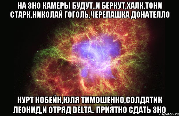 На ЗНО камеры будут..и Беркут,Халк,Тони Старк,Николай Гоголь,Черепашка Донателло Курт Кобейн,Юля Тимошенко,солдатик Леонид,и отряд Delta.. Приятно сдать ЗНО, Мем Туманность