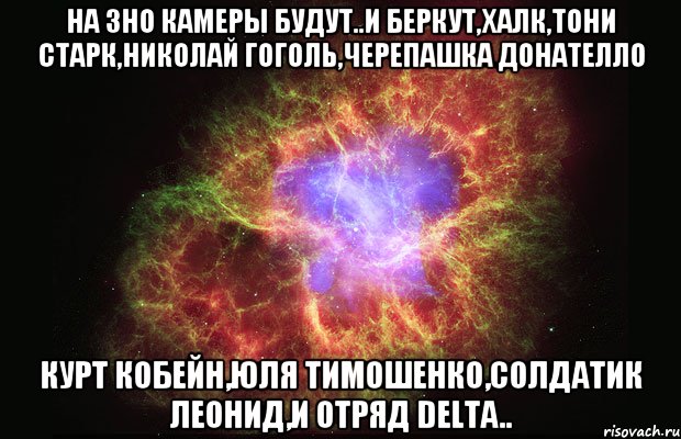 На ЗНО камеры будут..и Беркут,Халк,Тони Старк,Николай Гоголь,Черепашка Донателло Курт Кобейн,Юля Тимошенко,солдатик Леонид,и отряд Delta.., Мем Туманность