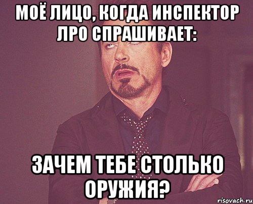 моё лицо, когда инспектор ЛРО спрашивает: зачем тебе столько оружия?, Мем твое выражение лица