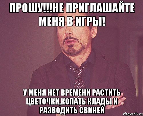 ПРОШУ!!!НЕ ПРИГЛАШАЙТЕ МЕНЯ В ИГРЫ! У МЕНЯ НЕТ ВРЕМЕНИ РАСТИТЬ ЦВЕТОЧКИ,КОПАТЬ КЛАДЫ И РАЗВОДИТЬ СВИНЕЙ, Мем твое выражение лица