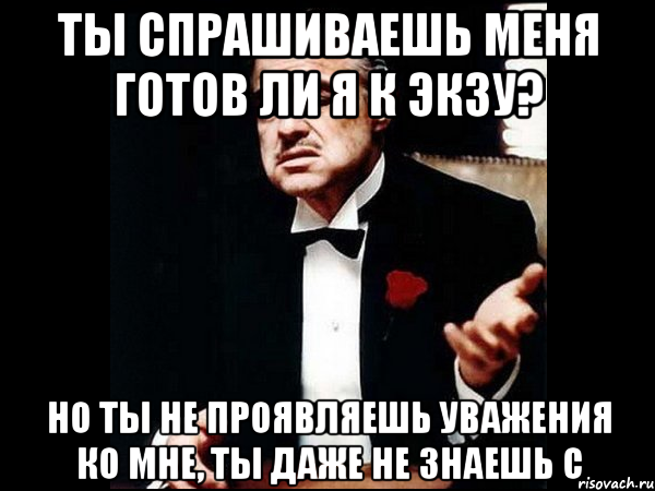 Ты спрашиваешь меня готов ли я к экзу? Но ты не проявляешь уважения ко мне, ты даже не знаешь C, Мем ты делаешь это без уважения