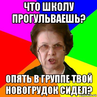 ЧТО ШКОЛУ ПРОГУЛЬВАЕШЬ? ОПЯТЬ В ГРУППЕ ТВОЙ НОВОГРУДОК СИДЕЛ?, Мем Типичная училка