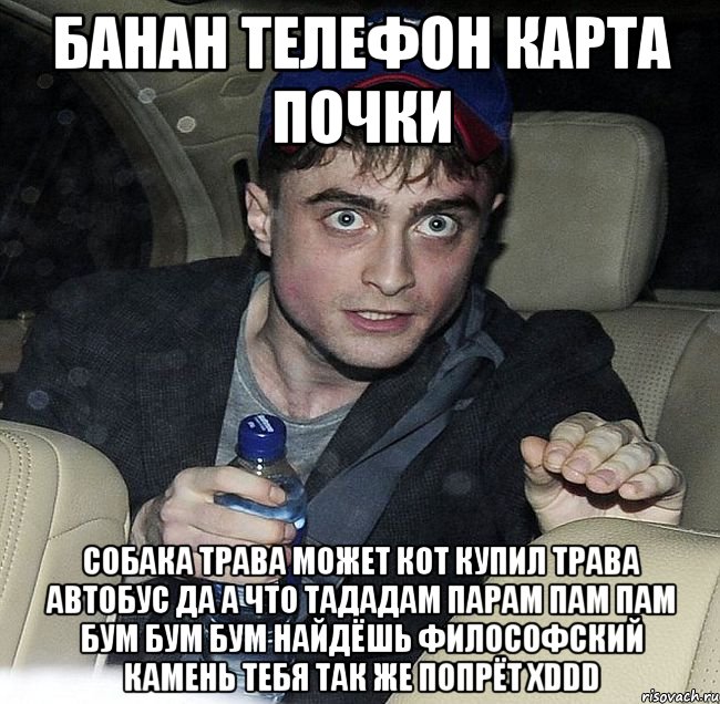 банан телефон карта почки собака трава может кот купил трава автобус да а что тададам парам пам пам бум бум бум найдёшь философский камень тебя так же попрёт XDDD, Мем Упоротый Гарри