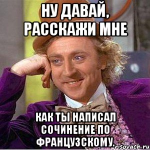 Ну давай, расскажи мне как ты написал сочинение по французскому., Мем Ну давай расскажи (Вилли Вонка)