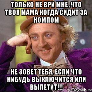 Только не ври мне ,что твоя мама когда сидит за компом Не зовет тебя, если что нибудь выключится или вылетит!!!, Мем Ну давай расскажи (Вилли Вонка)