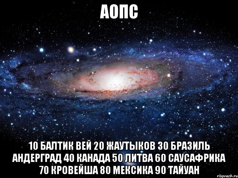 аопс 10 балтик вей 20 жаутыков 30 бразиль андерград 40 канада 50 литва 60 саусафрика 70 кровейша 80 мексика 90 тайуан, Мем Вселенная