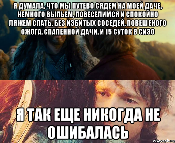 я думала, что мы путево сядем на моей даче, немного выпьем, повеселимся и спокойно ляжем спать, без избитых соседей, повешеного ожога, спаленной дачи, и 15 суток в сизо я так еще никогда не ошибалась, Комикс Я никогда еще так не ошибался