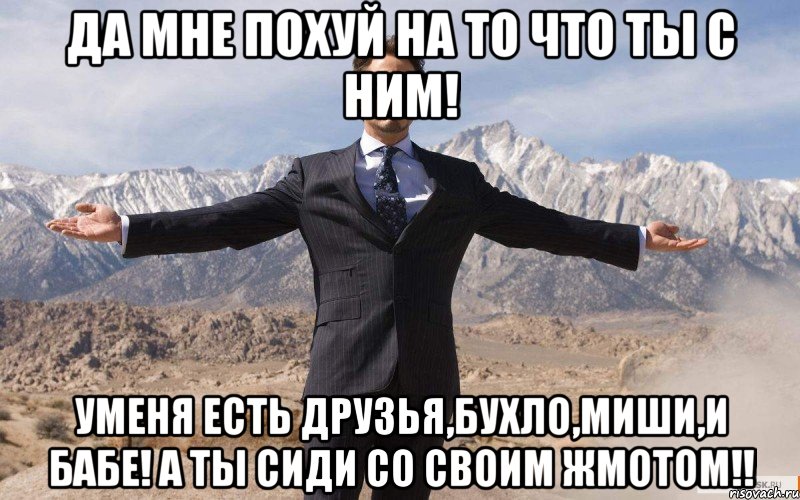 да мне похуй на то что ты с ним! уменя есть друзья,бухло,миши,и бабе! а ты сиди со своим жмотом!!, Мем железный человек